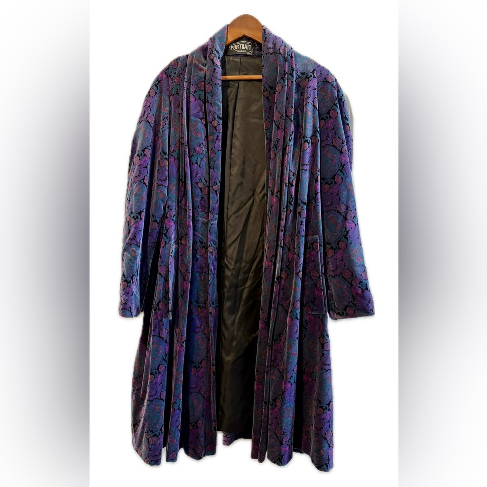 Vintage 100% Cotton Velvet Open Front Swing Duster Blue Purple Paisley Print